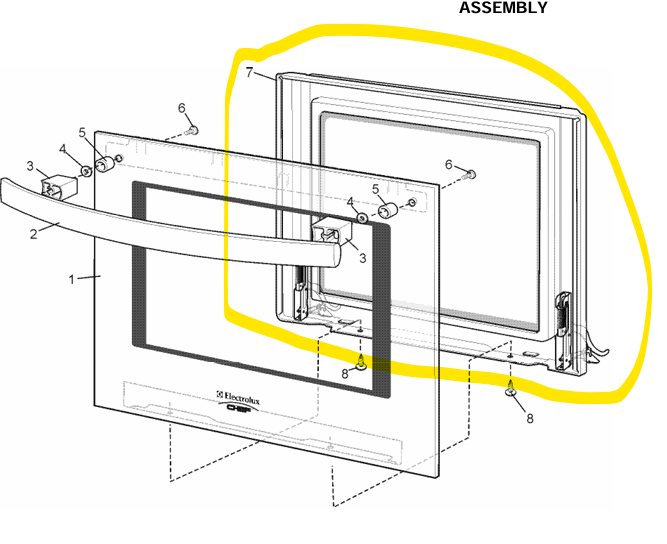 0038001806 CHEF ELECTROLUX DOOR OVEN INNER PANEL, HINGES &amp; GLASS